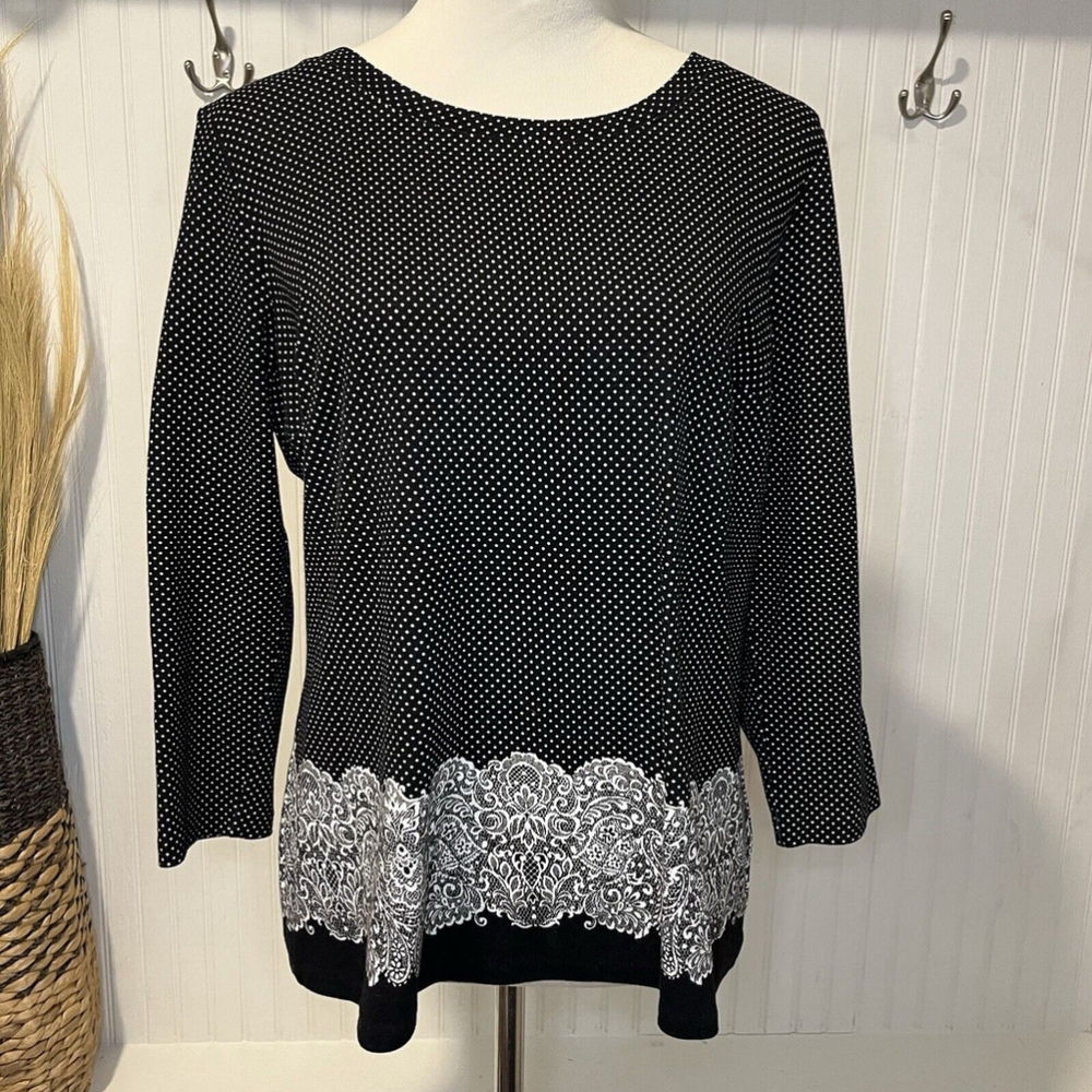 TALBOTS Polka Dot Lace Print Black & White Shirt Blouse Women’s Medium